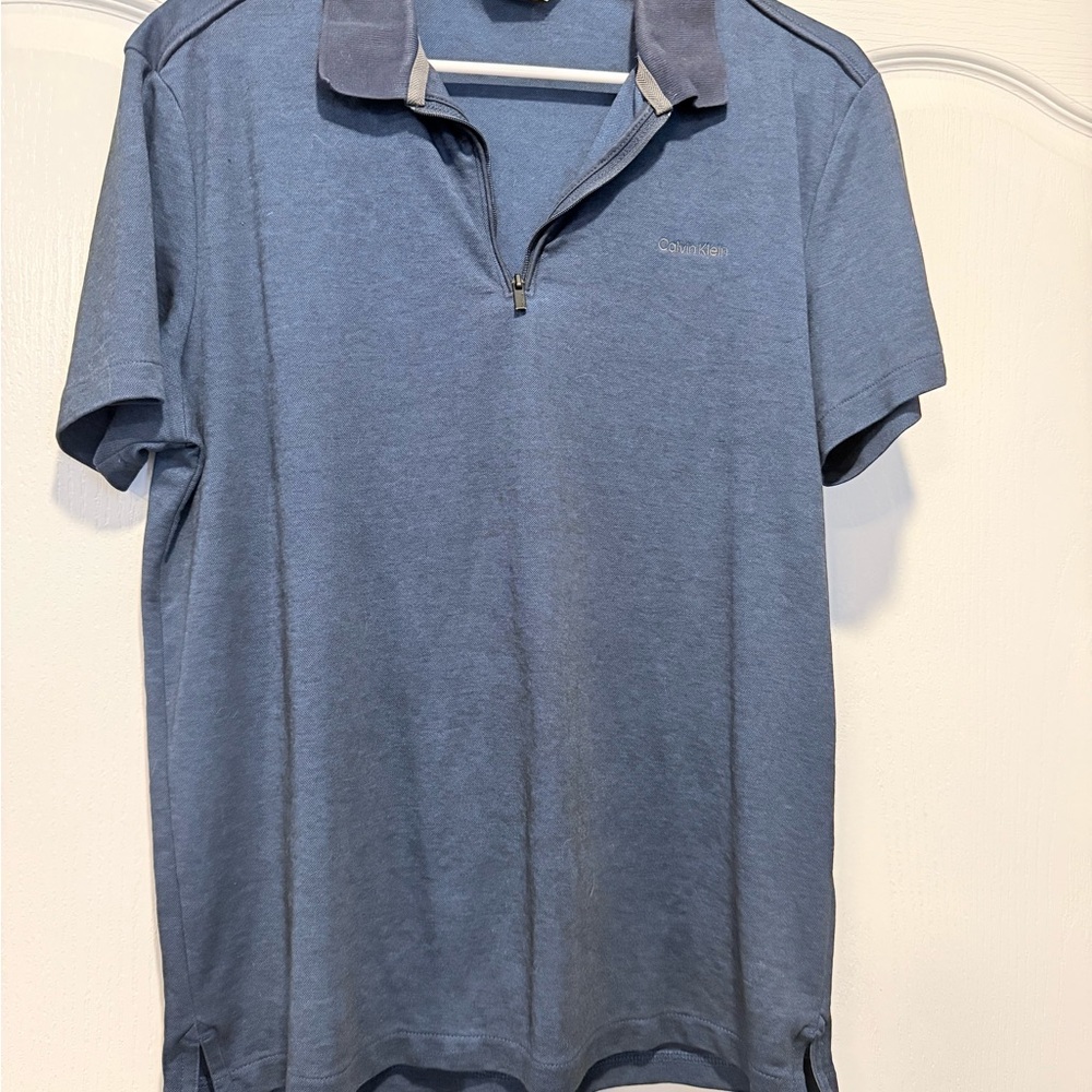 Calvin Klein Men’s Heathered Blue Short-Sleeve Zip Polo